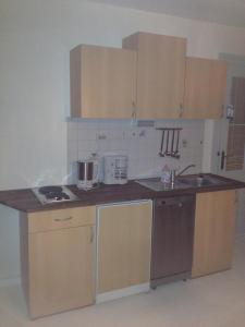 a kitchen with wooden cabinets and a counter top at Ferienwohnung Annelie in Zinnowitz