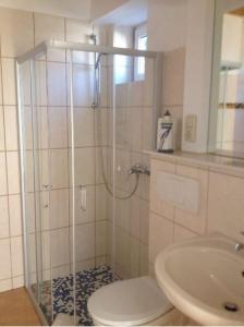 a bathroom with a shower with a toilet and a sink at Ferienwohnung Kati in Zinnowitz