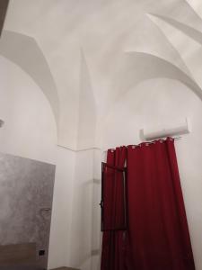 a bathroom with a red shower curtain in a room at B&B Casa dolce casa in Cutrofiano