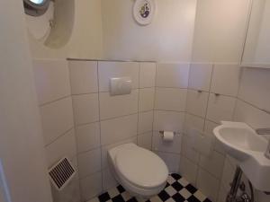 a bathroom with a white toilet and a sink at Ferienwohnung Klabautermann in Zinnowitz +9 photos