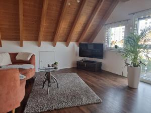 een woonkamer met een bank en een tv bij Ferienwohnung im Haus Petry in Freinsheim