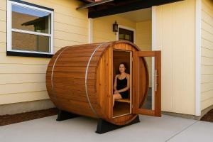 une femme est assise dans un cercle en bois à l'intérieur d'un bâtiment dans l'établissement Downtown BnB House - Hot Tub - Barrel Sauna, à Leavenworth