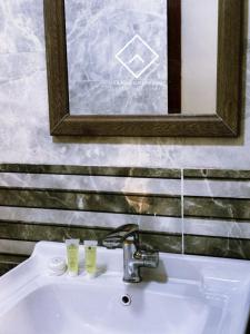 a bathroom sink with a mirror above it and a cat sitting on it at ALYA RUM LUXURY Camp in Wadi Rum +33 photos