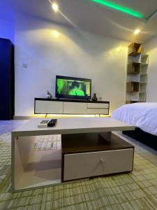 ラゴスにあるFurnished studio apartment in a serene environmentのリビングルーム(テレビ、ベッド付)