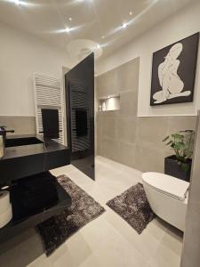 a bathroom with a white toilet and a sink at Good Vibes Luxury Homes in Kaiserslautern +13 photos