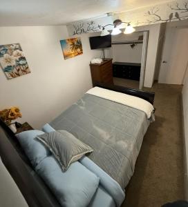 una camera da letto con un letto con cuscini blu di 2BR Apt • Deck • Assigned Parking a Great Falls