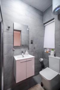 Un baño con lavabo, inodoro y espejo. en Modern Sea View Apartment in Sliema SV4, en Il-Gżira taʼ Forti Manoel 16 fotos más