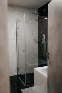 a bathroom with a shower with a glass door at Apartmán Na Pomezí in Valtice +66 photos