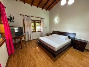 ein Schlafzimmer mit einem Bett, einem Schreibtisch und einem Fernseher in der Unterkunft Casa Finca Villa Laura 158 in Rionegro