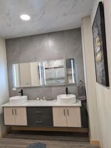 a bathroom with two sinks and a mirror at ICHA Apartments in Suva +24 photos