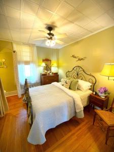 een slaapkamer met een groot bed en een plafond bij Historic Victorian Apartment in McGregor