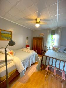 een slaapkamer met 2 bedden en een plafond bij Historic Victorian Apartment in McGregor