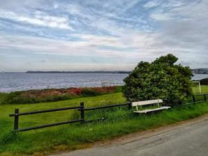 un banco a un lado de una carretera cerca del agua en 7 person holiday home in Kolind-By Traum, en Kolind