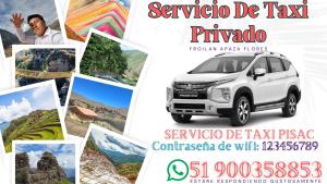 a flyer for a travel agency with a white car at Taxi Pisac Froy in Pisac