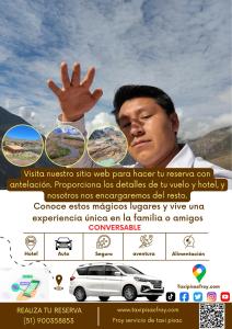 a poster for a car dealership with a man and glasses at Taxi Pisac Froy in Pisac