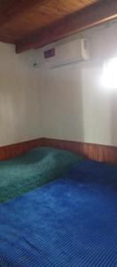 ein Schlafzimmer mit einem Bett mit einer blauen Decke in der Unterkunft El Shaddai Hospedaje Temporal in Santiago del Estero