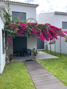 a pergola with pink flowers on a house at Casa da Mónica in Ponta Delgada