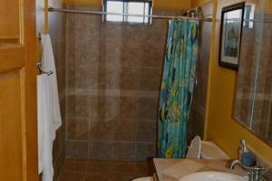 a bathroom with a shower curtain and a sink at Los Sahuaros San Felipe Rental in Don Pancho