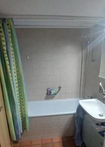 a bathroom with a tub and a toilet and a sink at Gibelhüüs 2 Bettwohnung in Hasliberg Wasserwendi