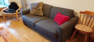 a couch with two pillows on it in a living room at Gibelhüüs 2 Bettwohnung in Hasliberg Wasserwendi +3 photos