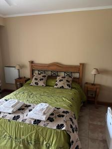 a bedroom with a green bed with two pillows at PATO NEGRO in Tigre