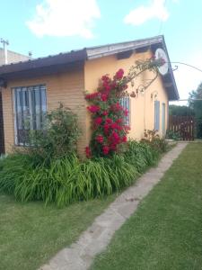 a house with red flowers on the side of it at Casa Los colibrí in Frente Mar