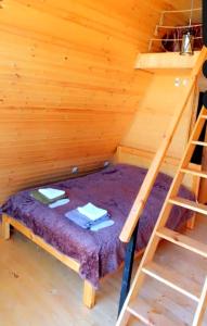 a bunk bed in a wooden cabin with a ladder at Hochaladah in Mestia