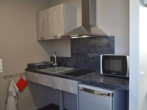 een keuken met een spoelbak en een magnetron bij Studio écorénové à Lingé avec terrasse et parking, accès mobilité réduite - FR-1-591-189 in Lingé