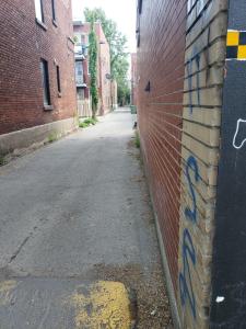 eine Gasse mit Graffiti an der Seite einer Ziegelmauer in der Unterkunft FULL KITCHEN 10min from DTOWN Room B in Montreal