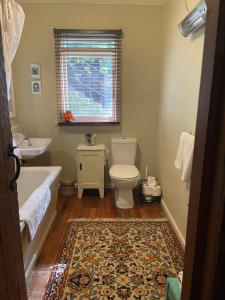 a bathroom with a tub and a toilet and a sink at Lear House Oamaru in Oamaru