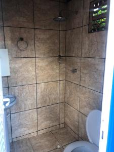 een badkamer met een douche, toilet en wastafel bij Hotel fazenda Monte Verde in Uberlândia