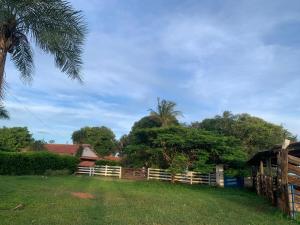 een hek in een tuin met een palmboom bij Hotel fazenda Monte Verde in Uberlândia
