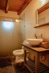 a bathroom with a sink and a toilet on a counter at Hotel Puerta de Piedra in Tapalpa