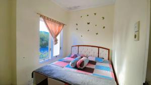 a bedroom with a bed with birds on the wall at Villa Highland 9O Berastagi View in Berastagi