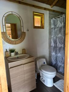 a bathroom with a toilet and a sink and a mirror at El Dorado Refugio Muisca in Guatavita