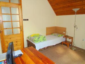 Wellness Penzion Lázně Jablonec في يابلونيتس ناد نيسو: غرفة نوم بها سرير ومكتب مع جهاز كمبيوتر