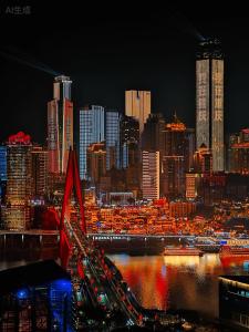 a night view of a city with a red bridge at Chongqing INS·Wanbai Terrace River View Hotel (Jiefangbei Hongyadong Branch) in Nan'an