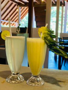 a bird sitting on a table next to a drink at Mango Tree Villa in Sigiriya