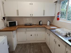 uma cozinha com armários brancos e um micro-ondas em Serendipity-on-Symmonds Cottage em Howick mais 6 fotografias
