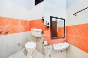 two pictures of a bathroom with a toilet and a sink at Super Hotel O Dehradun City Centre in Dehradun