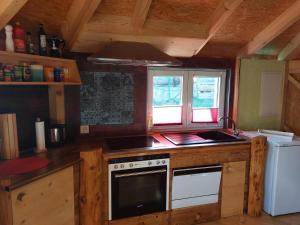 a kitchen with a stove and a counter top at Einzigartige Holzhütte Mit Bergpanorama in Beatenberg