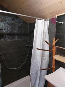 a bathroom with a shower with a white shower curtain at Einzigartige Holzhütte Mit Bergpanorama in Beatenberg