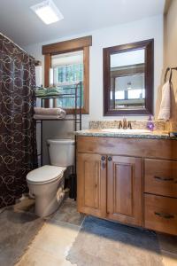 um banheiro com um vaso sanitário, uma pia e um espelho em Family-Friendly Cabin Rental with Mountain Vistas near West Glacier, Montana em West Glacier