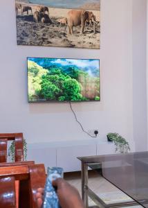 Stylish 3-BR Apt in Chuna, Kitengela في Athi River: شخص يحمل ريموت كنترول أمام التلفزيون