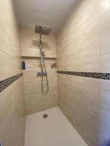 ディーツにある3 Zimmer Ferienwohnung Freiendiezのシャワーヘッド付きのシャワー付きのバスルーム