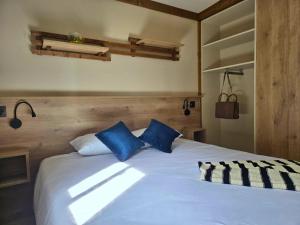 a bedroom with a large white bed with blue pillows at Tiny d'Monts in Brullioles