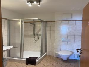 een badkamer met douche en toilet bij Apartment in Katschberg near Ski Slopes in Sankt Margarethen im Lungau +32 foto's