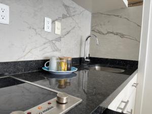 une cuisine avec un évier et un plan de travail dans l'établissement Beachside Apartments Cancun, à Cancún