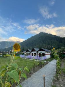 ein Haus auf einem Feld mit einem Berg im Hintergrund in der Unterkunft Himtrek Stays Katagala in Kasol