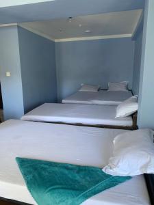 two beds in a room with white sheets and a green blanket at DIPSAGAR Hotel And Lodge in Bandīpur